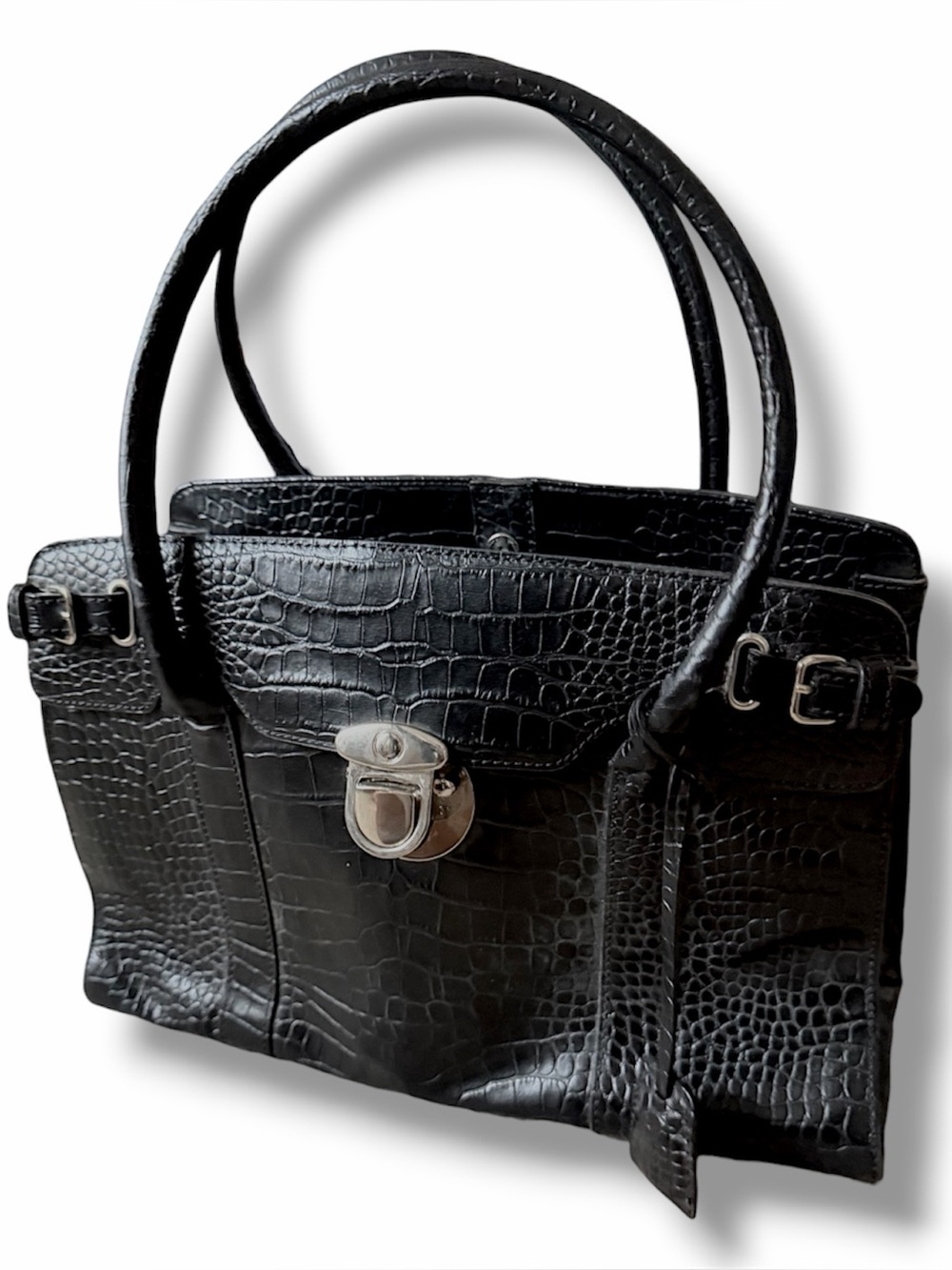 LOFT vintage 2000s Black Crocodile-Embossed Leather Bag